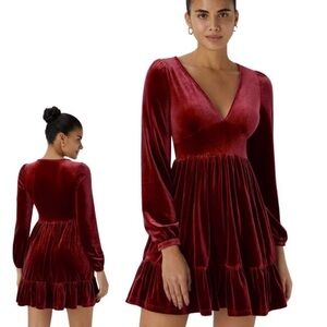 HALARA Velvet Long Sleeve Dress in Deep Red